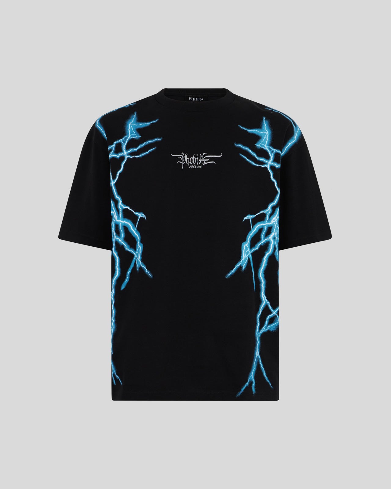 BLACK T-SHIRT WITH LATERAL LIGHT BLUE LIGHTNING PRINT AND